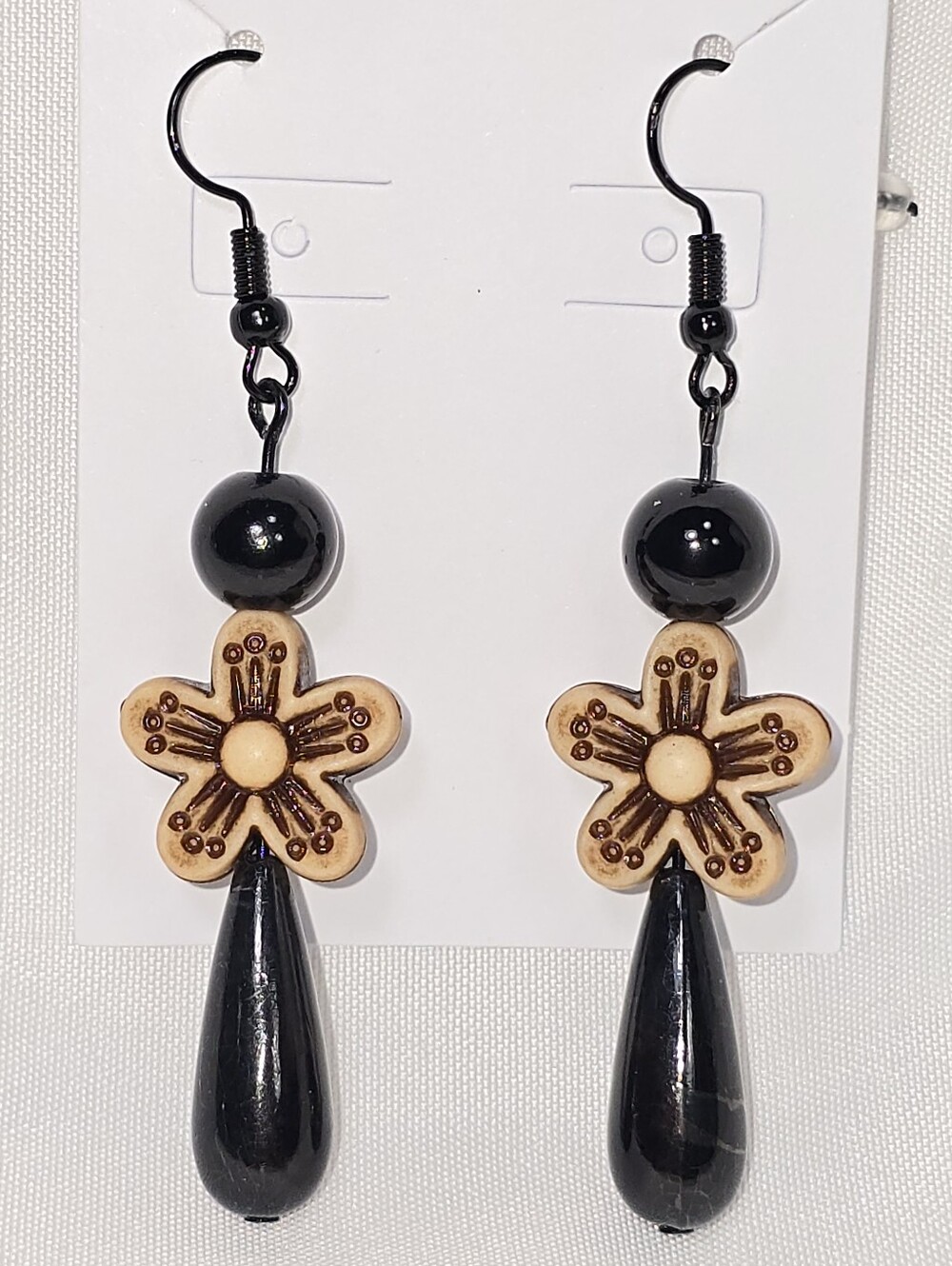 Boho Black Glass Beaded Floral Drop Dangling Fall Earrings, Boho Cottagecore